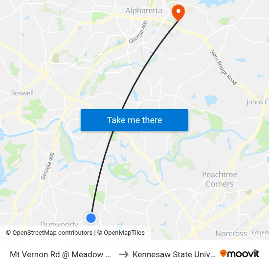 Mt Vernon Rd @ Meadow Lake Dr to Kennesaw State University map