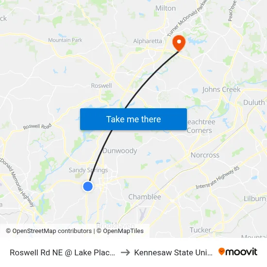 Roswell Rd NE @ Lake Placid Dr NE to Kennesaw State University map