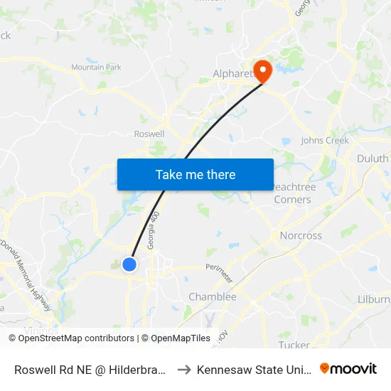 Roswell Rd NE @ Hilderbrand Dr NE to Kennesaw State University map