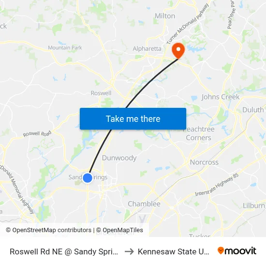 Roswell Rd NE @ Sandy Springs Cir NE to Kennesaw State University map