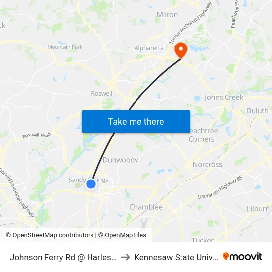 Johnson Ferry Rd @ Harleston Rd to Kennesaw State University map