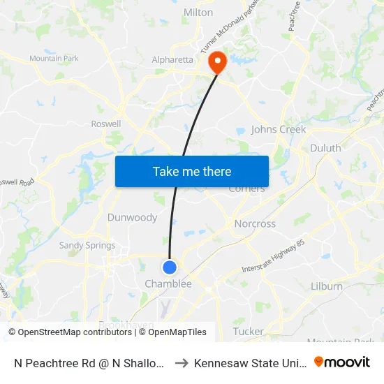 N Peachtree Rd @ N Shallowford Rd to Kennesaw State University map