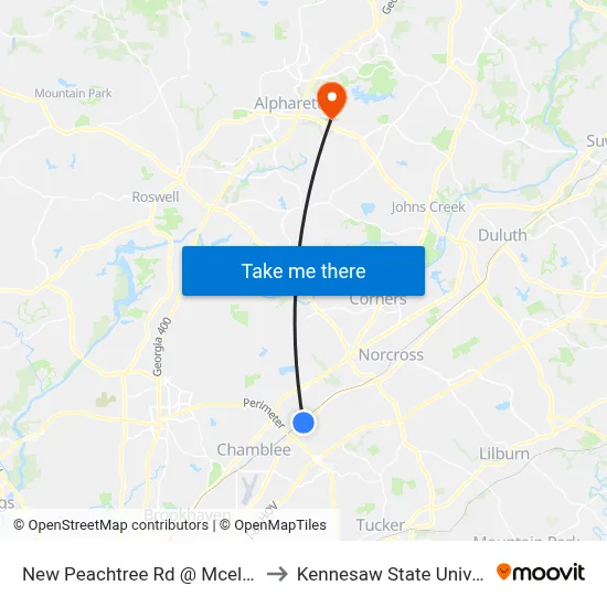 New Peachtree Rd @ Mcelroy Rd to Kennesaw State University map