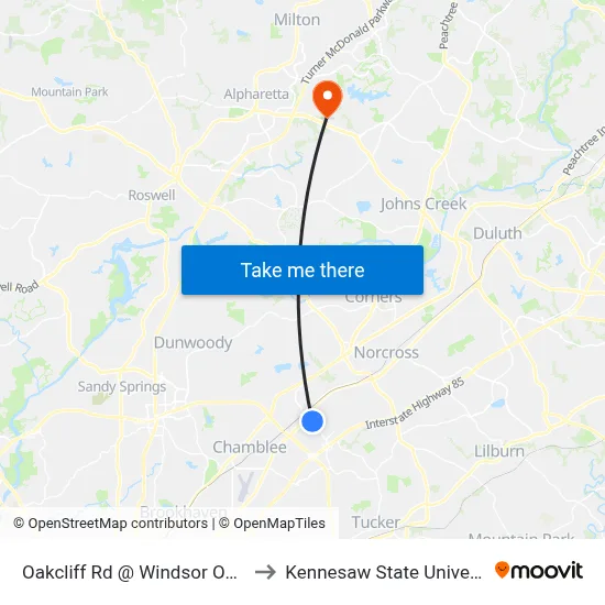 Oakcliff Rd @ Windsor Oak Dr to Kennesaw State University map