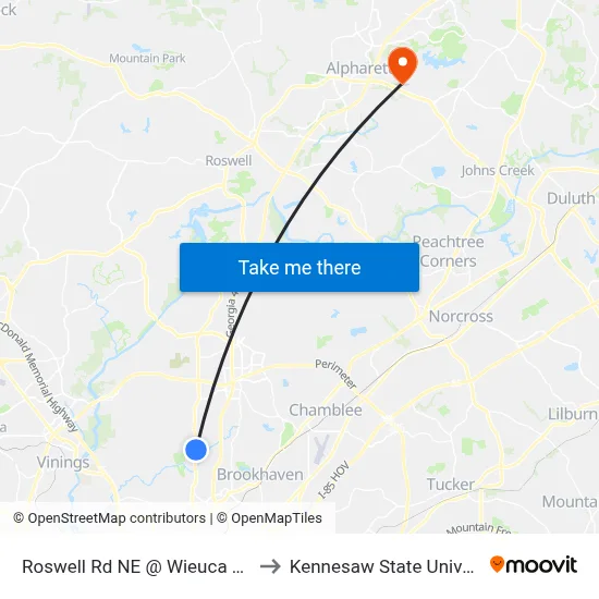 Roswell Rd NE @ Wieuca Rd NE to Kennesaw State University map