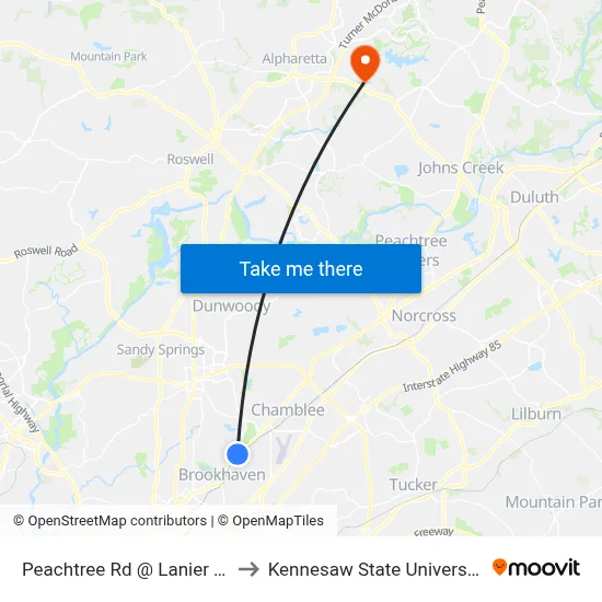 Peachtree Rd @ Lanier Dr to Kennesaw State University map