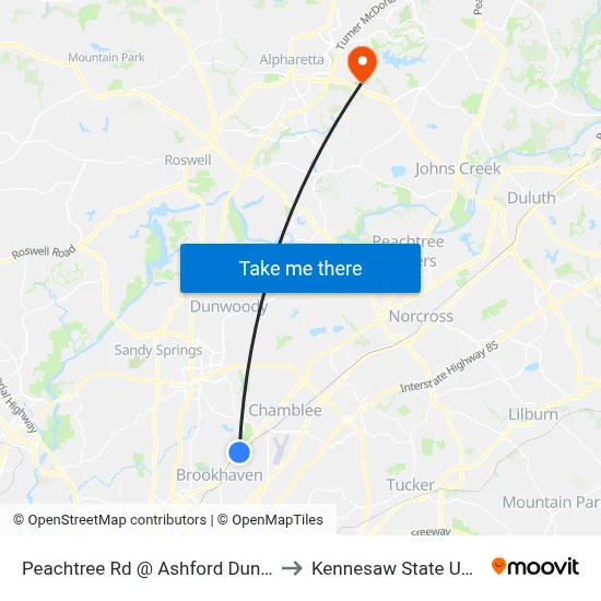 Peachtree Rd @ Ashford Dunwoody Rd to Kennesaw State University map