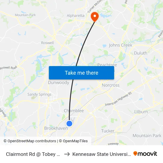 Clairmont Rd @ Tobey Rd to Kennesaw State University map