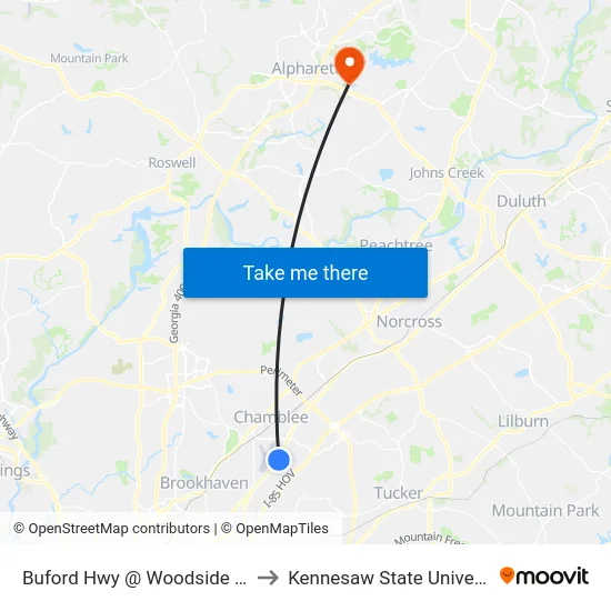 Buford Hwy @ Woodside Way to Kennesaw State University map