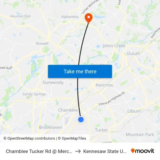 Chamblee Tucker Rd @ Mercer Universi to Kennesaw State University map