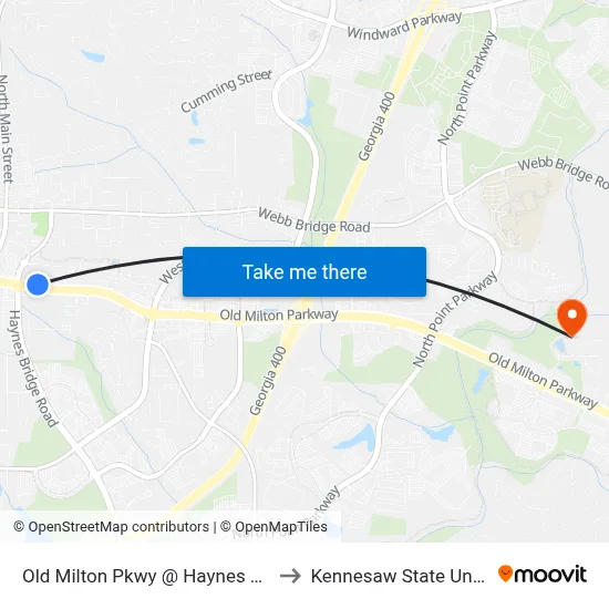 Old Milton Pkwy @ Haynes Bridge Rd to Kennesaw State University map