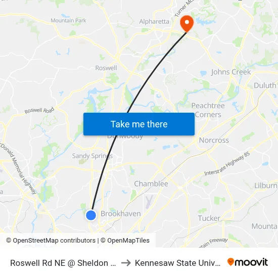 Roswell Rd NE @ Sheldon Dr NE to Kennesaw State University map
