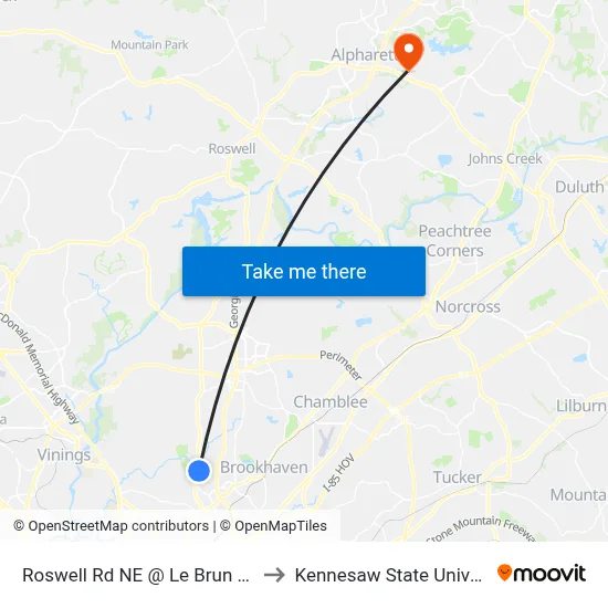 Roswell Rd NE @ Le Brun Rd NE to Kennesaw State University map