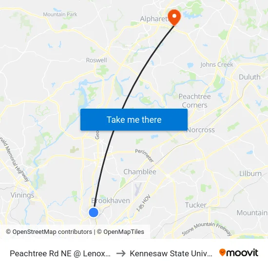 Peachtree Rd NE @ Lenox Pkwy to Kennesaw State University map