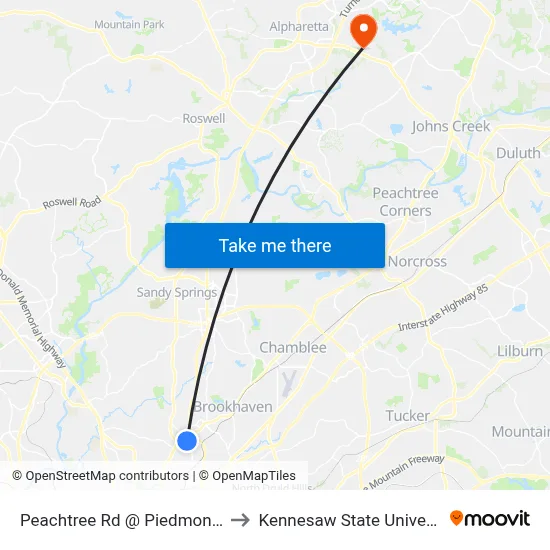 Peachtree Rd @ Piedmont Rd to Kennesaw State University map