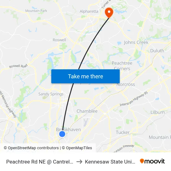 Peachtree Rd NE @ Cantrell Rd NE to Kennesaw State University map