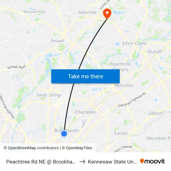 Peachtree Rd NE @ Brookhaven Dr NE to Kennesaw State University map