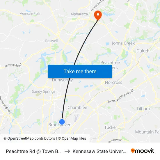 Peachtree Rd @ Town Blvd to Kennesaw State University map