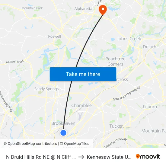 N Druid Hills Rd NE @ N Cliff Valley Way to Kennesaw State University map