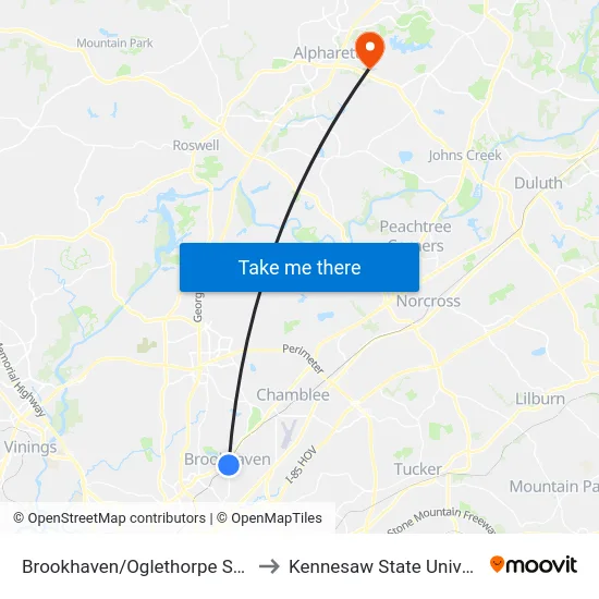 Brookhaven/Oglethorpe Station to Kennesaw State University map