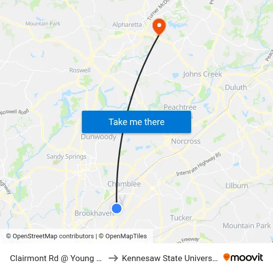 Clairmont Rd @ Young Rd to Kennesaw State University map