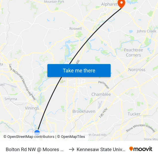 Bolton Rd NW @ Moores Mill Rd to Kennesaw State University map