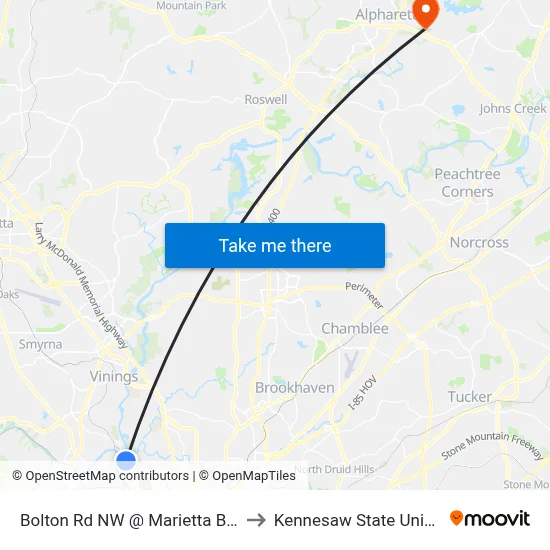 Bolton Rd NW @ Marietta Blvd NW to Kennesaw State University map
