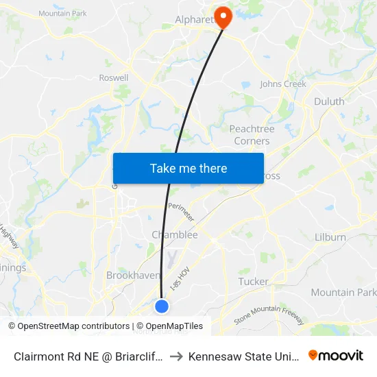 Clairmont Rd NE @ Briarcliff Rd NE to Kennesaw State University map