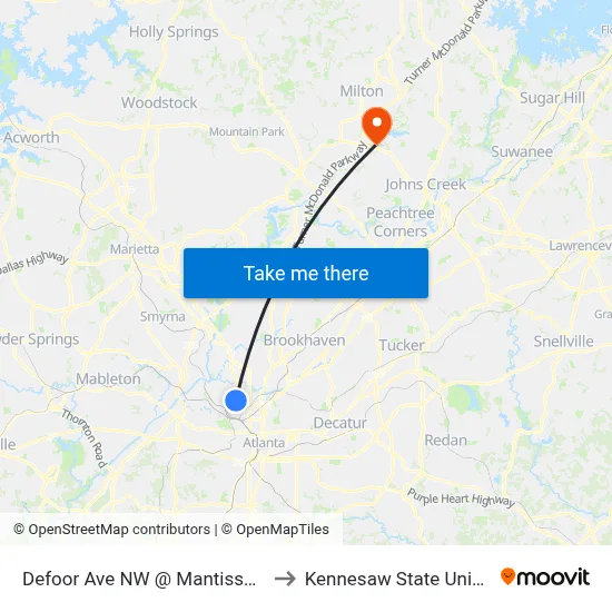 Defoor Ave NW @ Mantissa St NW to Kennesaw State University map