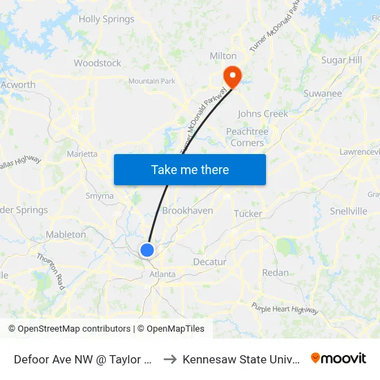 Defoor Ave NW @ Taylor St NW to Kennesaw State University map