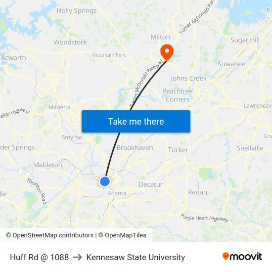 Huff Rd @ 1088 to Kennesaw State University map