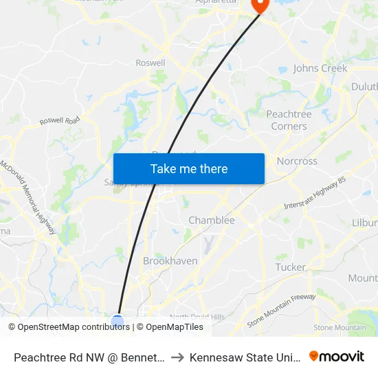 Peachtree Rd NW @ Bennett St NW to Kennesaw State University map