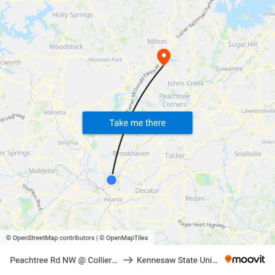 Peachtree Rd NW @ Collier Rd NW to Kennesaw State University map