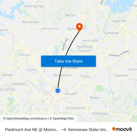 Piedmont Ave NE @ Monroe Dr NE to Kennesaw State University map