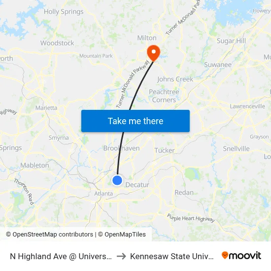 N Highland Ave @ University Dr to Kennesaw State University map