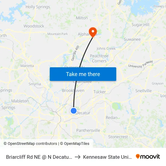 Briarcliff Rd NE @ N Decatur Rd NE to Kennesaw State University map