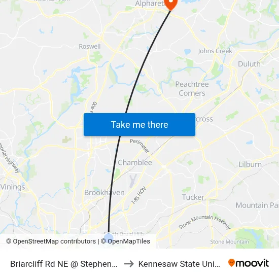 Briarcliff Rd NE @ Stephens Dr NE to Kennesaw State University map