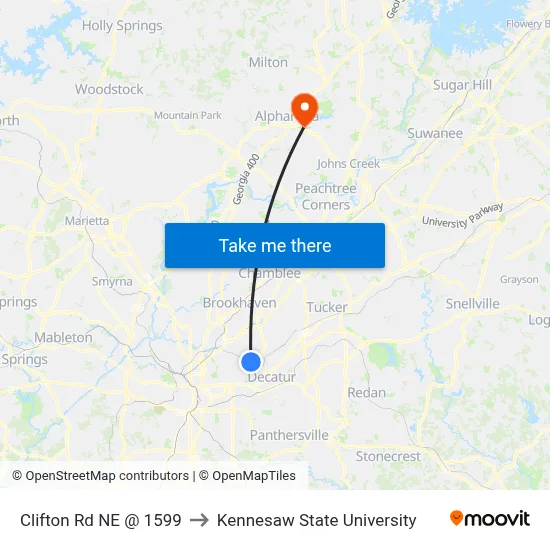 Clifton Rd NE @ 1599 to Kennesaw State University map