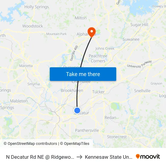 N Decatur Rd NE @ Ridgewood Dr NE to Kennesaw State University map