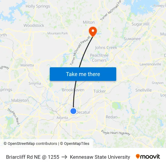 Briarcliff Rd NE @ 1255 to Kennesaw State University map