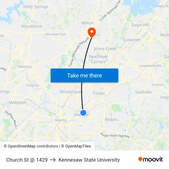 Church St @ 1429 to Kennesaw State University map