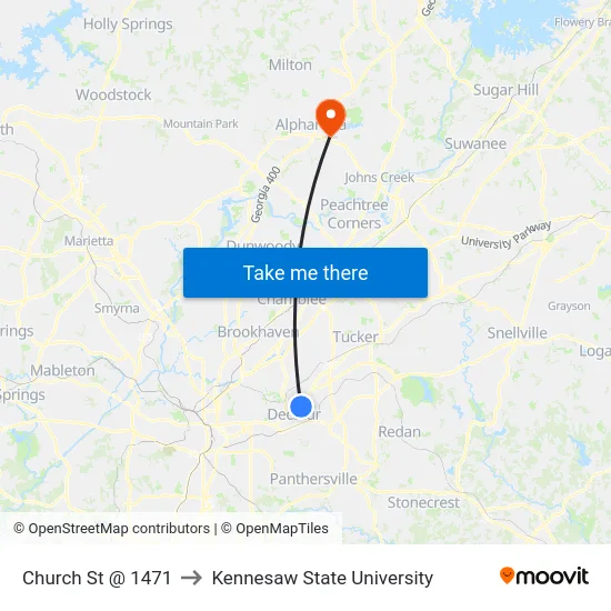 Church St @ 1471 to Kennesaw State University map