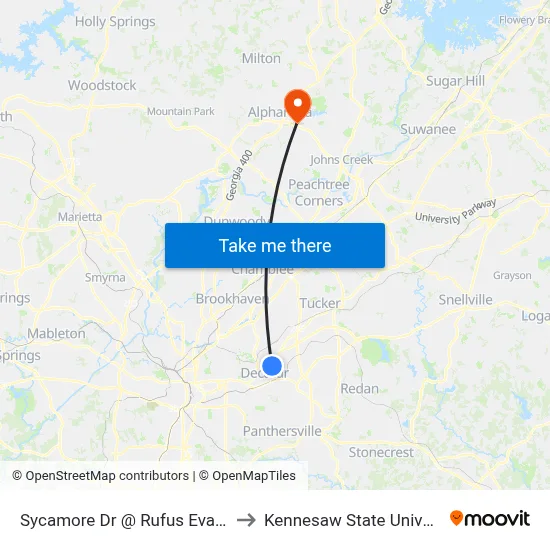 Sycamore Dr @ Rufus Evans Dr to Kennesaw State University map
