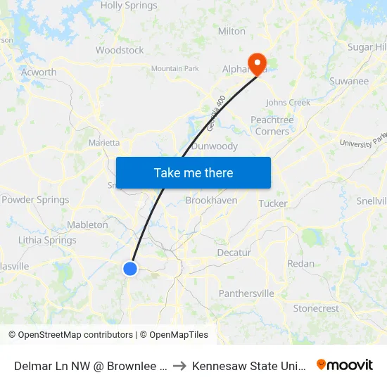 Delmar Ln NW @ Brownlee Rd NW to Kennesaw State University map