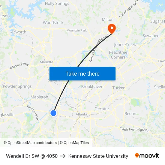 Wendell Dr SW @ 4050 to Kennesaw State University map