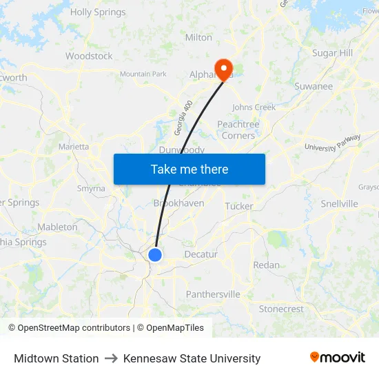 Midtown Station to Kennesaw State University map
