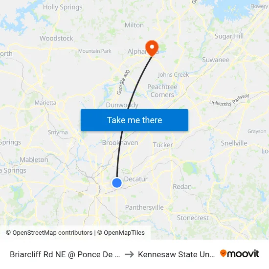 Briarcliff Rd NE @ Ponce De Leon Ave to Kennesaw State University map