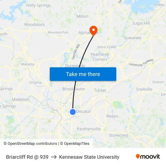 Briarcliff Rd @ 939 to Kennesaw State University map