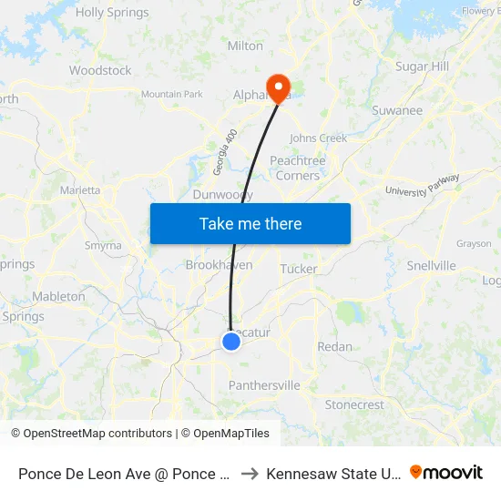 Ponce De Leon Ave @ Ponce De Leon Mnr to Kennesaw State University map