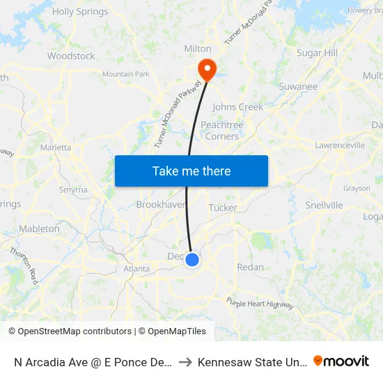 N Arcadia Ave @ E Ponce De Leon Ave to Kennesaw State University map